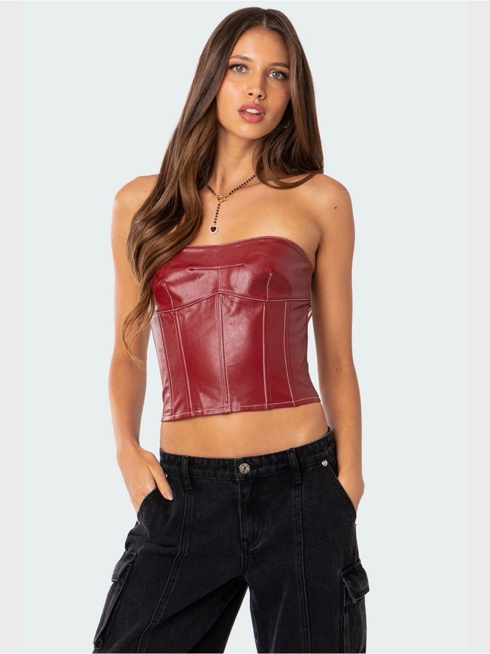 Edikted Burgundy Faux Leather Corset Tube Top Size Small Y2K Strapless Bustier
